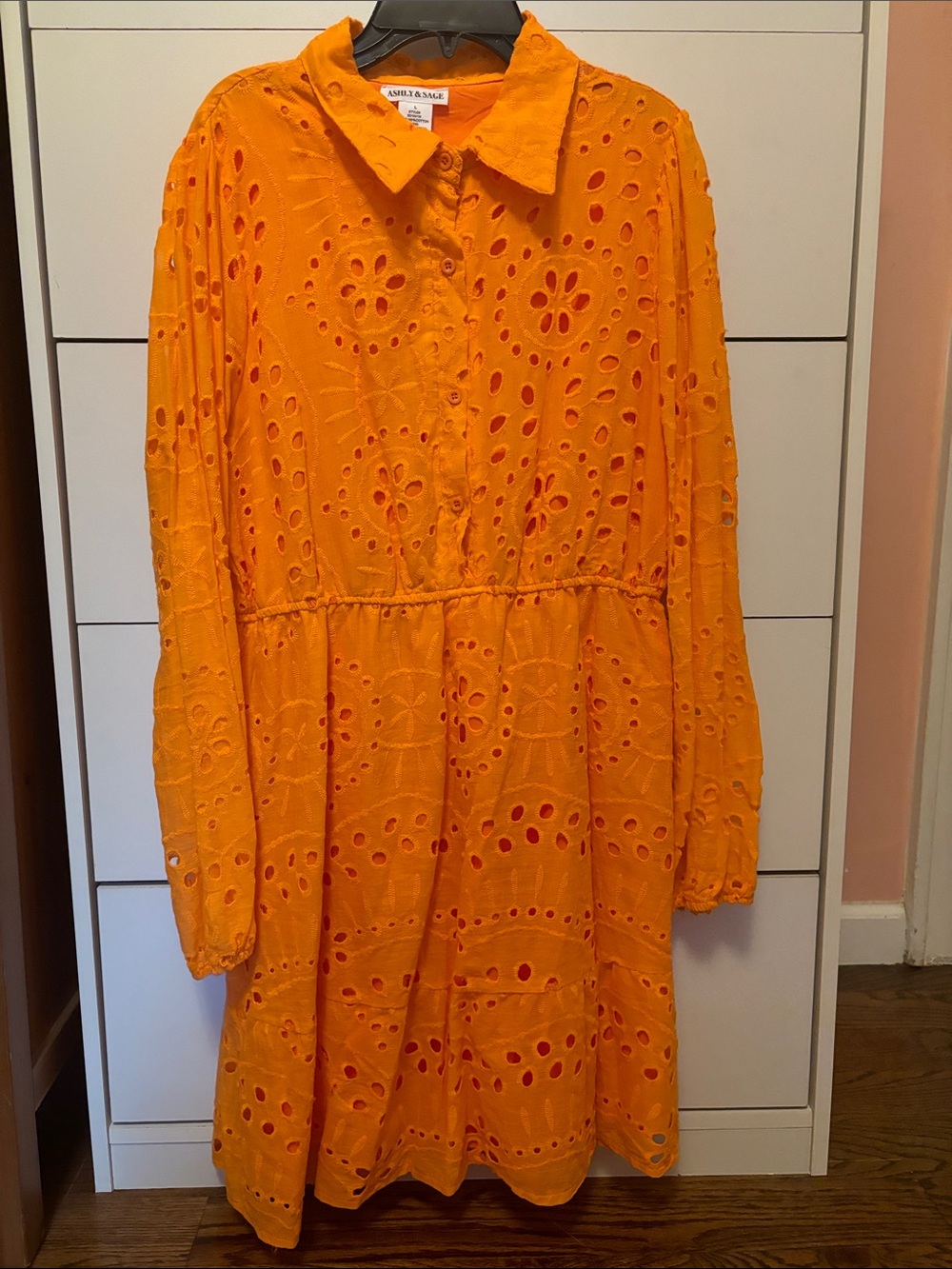 Orange Eyelet Button-Front Shirt Dress
